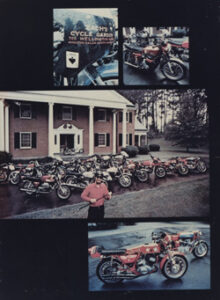 Zach Reynolds stands in red shirt in photo spread, behind him appear approximately 20 motrocycles in front of a two story traditional-style brick home.